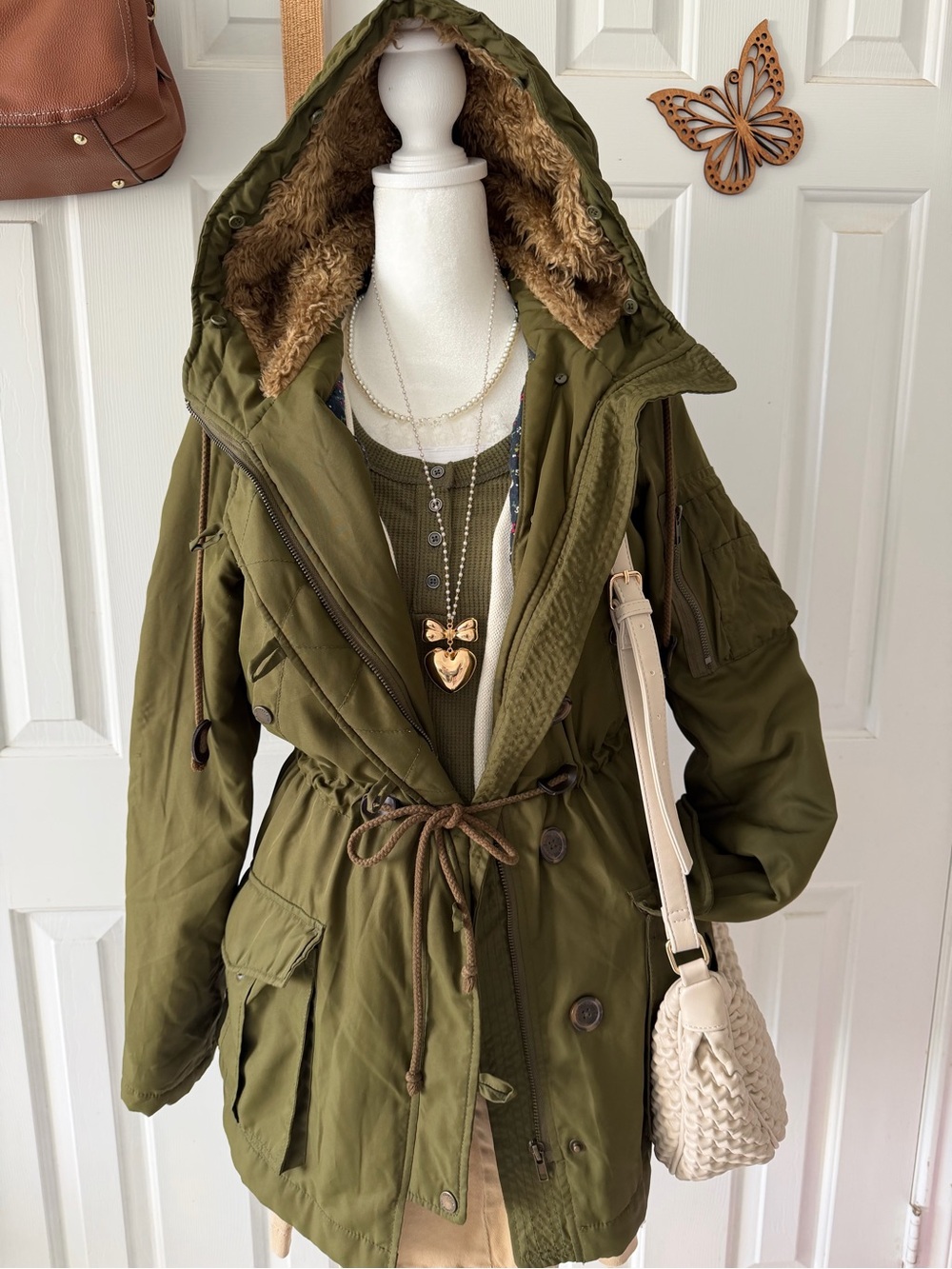 Olive Green Hooded Utility Parka with Faux Fur Lining